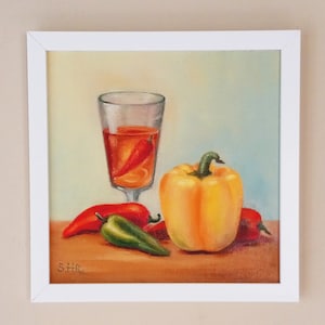 Nature morte de cuisine avec des poivrons Peinture à l&#39;huile de légumes Décoration de cuisine réaliste Peinture originale signée par l&#39;artiste