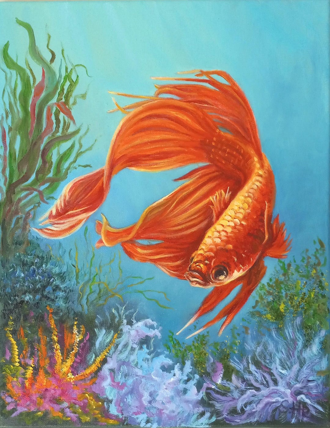 Original Goldfish Oil Painting 11x14, Hand Painted Betta Fish Art ...