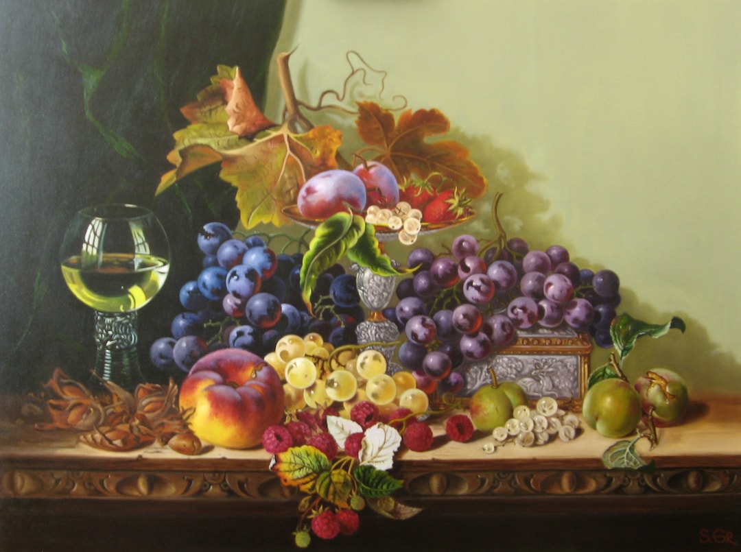 Large Still Life With Fruit and Wine Oil Painting on Canvas 40x30 Handmade Custom Still Life