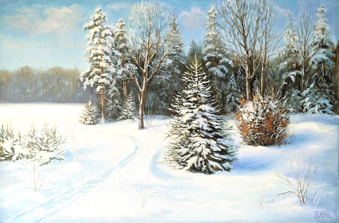 Winter Landscape Original Oil Painting 24x16 Snow Forest Art on Canvas ...