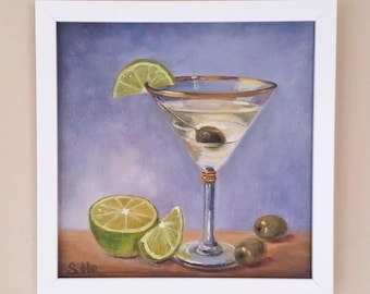 Martini Cocktail Oil Painting, Still Life with Lime and Olive, Small Original Painting 8x8
