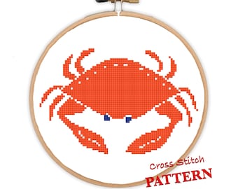赤いカニのクロスステッチ図案、海の動物の刺繍デザイン、海のニードル