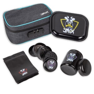 Smell Proof Case Bundle with Combination Lock, Travel Safe, Rolling Tray, Herb Grinder, UV Jar, Doob Tube, Resealable Bags, Stoner Gift Set.
