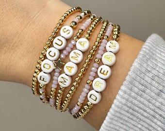 Custom Word Bracelet, Stacking bracelet, Cross Bracelet, Pearl beaded bracelet, Handmade Bracelet,  Custom Name Jewelry, Mothers Bracelet
