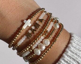 Stacking bracelet, Cross Bracelet, Custom Bracelet, Flower Girl Bracelet, Personalize Bracelet, Name Jewelry Mama Bracelet Mom Daughter Gift