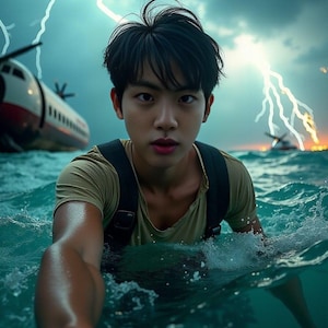 May include: A person in olive green shirt and black backpack in turbulent water, reaching towards the viewer. A plane is partially submerged in the background, with lightning flashing in the stormy sky.