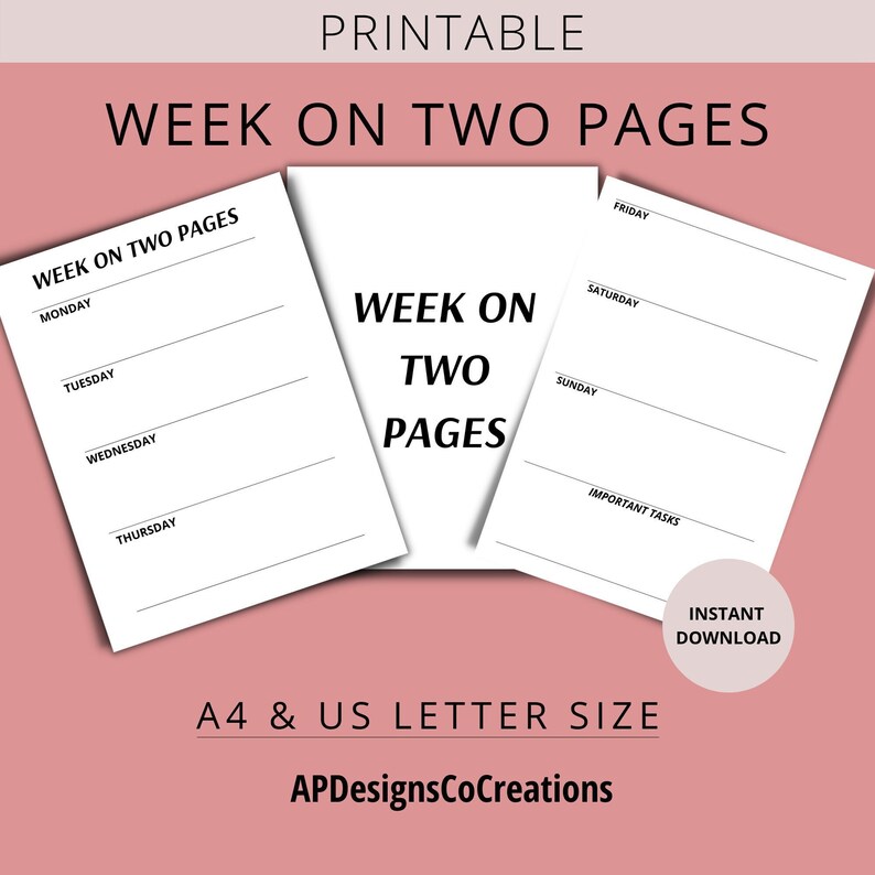 Week on Two Pages Weekly Planner Printable Landscape - Etsy