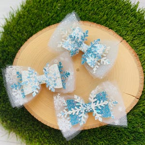 Frozen princess tulle hair bow, glitter tulle snowflake toddler girl clip
