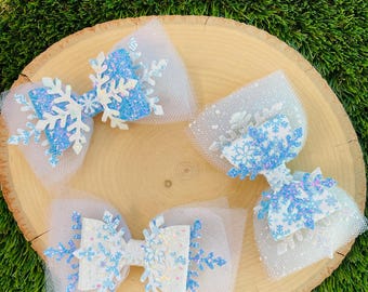 Frozen inspired princess tulle hair bow, glitter tulle snowflake toddler girl clip, birthday statement snowflake hair bow for girls