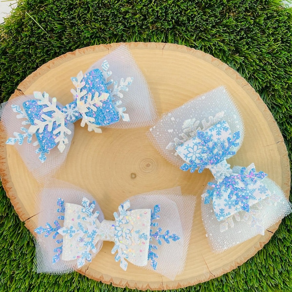 Frozen inspired princess tulle hair bow, glitter tulle snowflake toddler girl clip, birthday statement snowflake hair bow for girls
