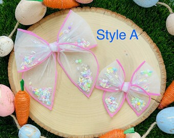 Easter theme mesh shaker bow, pink mesh shaker, pastel bunny