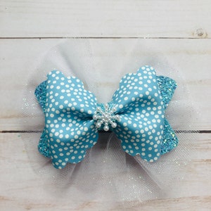 frozen princess tulle snowflake glitter bow, Elsa princess party tulle glitter bow, Frozen party white tulle glitter bow