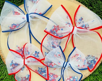 Patriotic Independence Day Shaker Bow – Red White & Blue 4th of July Hair Bow, Memorial Day, Labor Day Girl Accessories