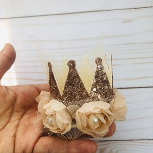 May include: A small gold glitter crown with a tulle base and two beige fabric flowers with pearl centers.