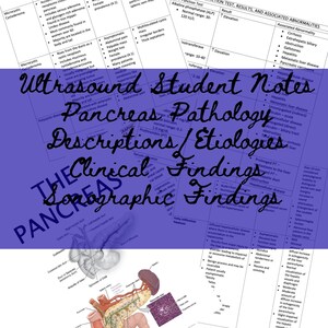 Könnte beinhalten: Eine Nahaufnahme einer medizinischen Illustration der Bauchspeicheldrüse, die die verschiedenen Teile des Organs zeigt, einschließlich Kopf, Körper, Schwanz und Gang. Die Illustration ist mit den Namen der verschiedenen Teile beschriftet. Der Text "Ultrasound Student Notes Pancreas Pathology Descriptions / Etiologies Clinical Findings Sonographic Findings" ist im Bild sichtbar.