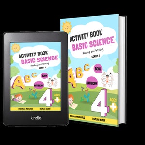 Może przedstawiać: Kolorowa książka z ćwiczeniami dla dzieci w wieku od 4 lat. Książka nosi tytuł "Activity Book Basic Science: Reading and Writing Series 1". Okładka przedstawia kreskówkową ilustrację dziecka czytającego książkę na zielonym tle z niebieskim niebem. Książka dostępna jest w wersji fizycznej i cyfrowej.