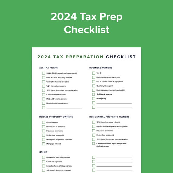2024 Tax Prep Checklist - Self Employed Tax Preparation Printables - Instant Download -  Accounting