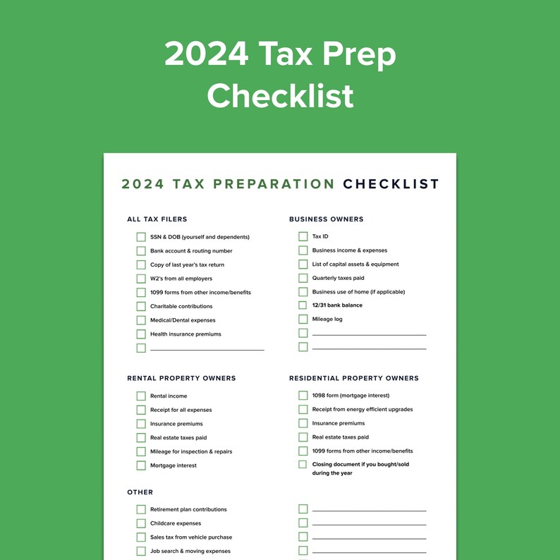 2024 Tax Prep Checklist - Self Employed Tax Preparation Printables - Instant Download - Accounting image 1