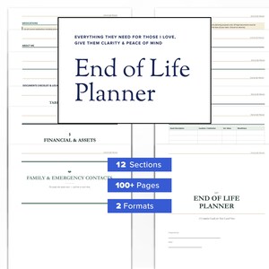 May include: A white End of Life Planner with 12 sections, over 100 pages, and available in 2 formats. The cover features the title in a dark blue font, with the text "Everything they need for those I love, give them clarity & peace of mind."