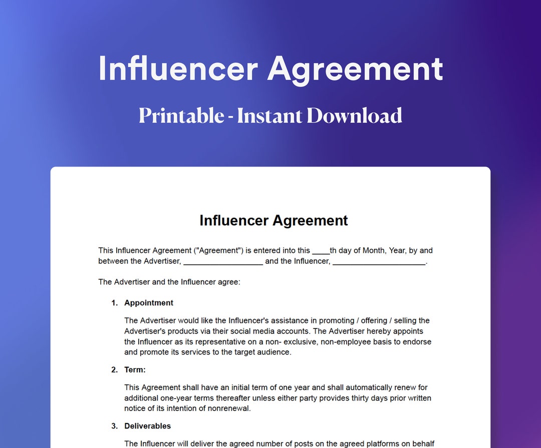 Influencer Agreement Template Editable Instant Download Etsy Influencer Agreement Template Editable Instant Download Etsy