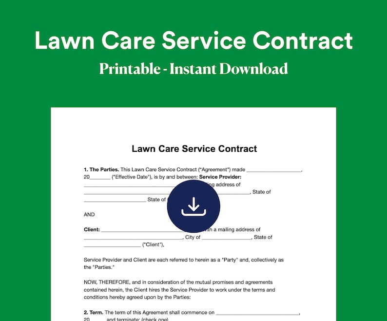 Lawn Care Contract Editable Instant Download Lawn Care Service Contract