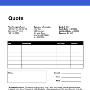 May include: A black and white quote template with the title "Quote" at the top. The template includes sections for customer information, quote details, and a table for listing items with their quantity, description, unit price, and amount. The bottom of the template includes sections for subtotal, other, and total.