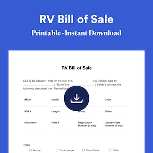 RV Bill of Sale Form Template | Printable & Editable As is Bill of Sale, PDF, Word doc, Instant Downloadable