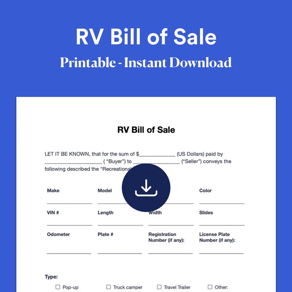 RV Bill of Sale Form Template | Printable & Editable As is Bill of Sale, PDF, Word doc, Instant Downloadable