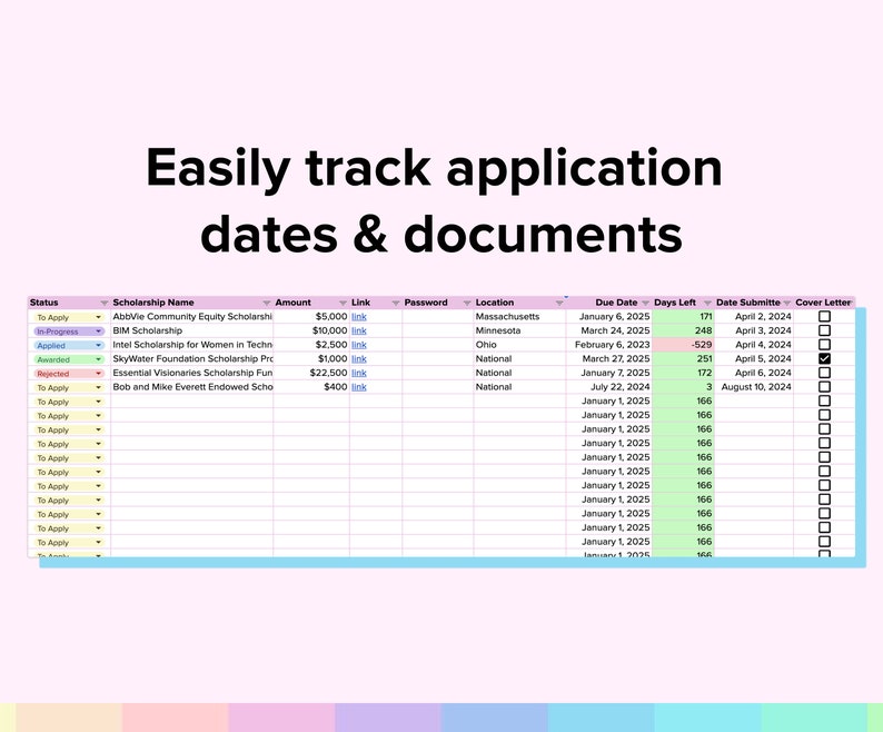 Scholarship Tracker Google Sheets Template (CSV, XLSX) - Etsy