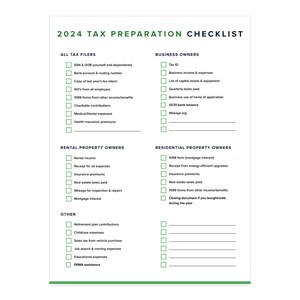 May include: A checklist for tax preparation in 2024, organized by category: All Tax Filers, Business Owners, Rental Property Owners, Residential Property Owners, and Other. Each category has a list of items to gather for tax filing.