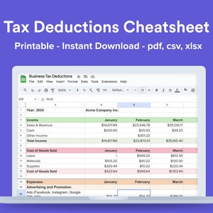 Small business Tax Deductions Spreadsheet and Cheatsheet - .csv,.xlsx, .pdf