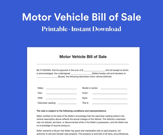 motor vehicle bill of sale digital print car sale form etsy
