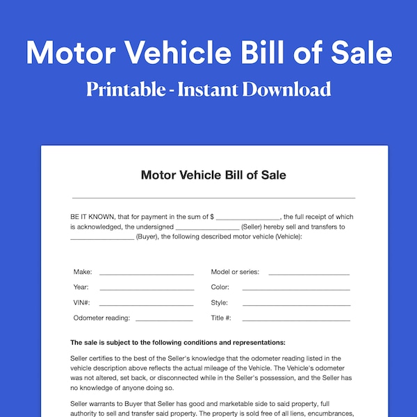 Bill Of Sale For Car, Printable Bill Of Sale For Car, Motor Vehicle Bill Of Sale, pdf, Word doc, Instant Downloadable