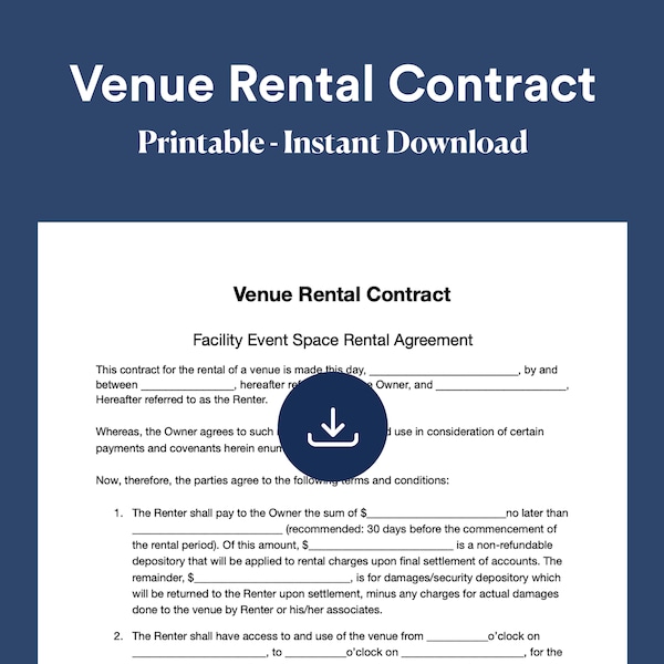 Venue Rental Contract Form | Editable Instant Download | Venue Rental Agreement Template | Venue Contract