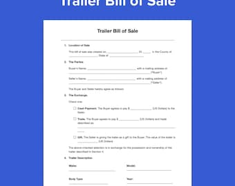 Trailer Bill of Template, Editable Contract (PDF, DOCX)