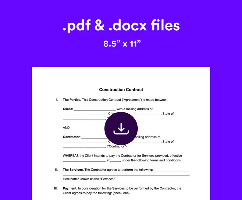 Editable Construction Contract Template (PDF, DOCX) - Etsy Canada