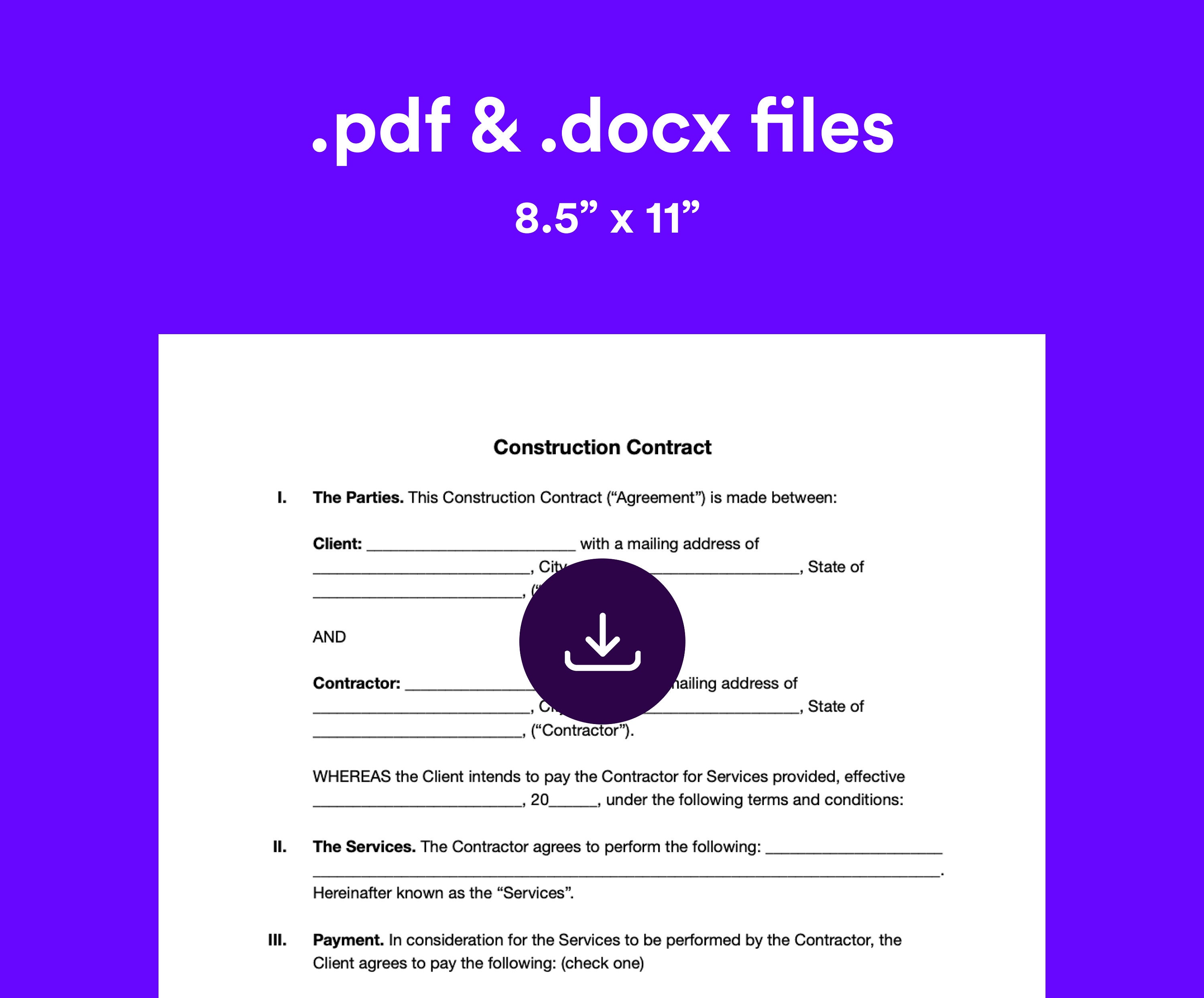 Editable Construction Contract Template (PDF, DOCX) - Etsy