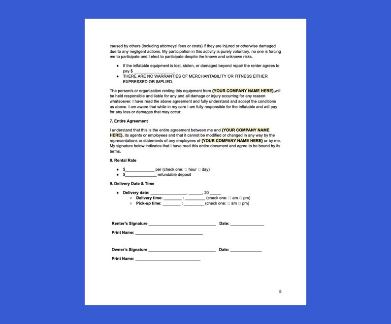 Bounce House Rental Contract Agreement, 5 Page Editable Template