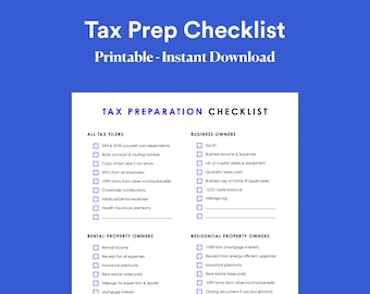 Tax Prep Checklist - Self Employed Tax Preparation Printables - Instant Download -  Accounting