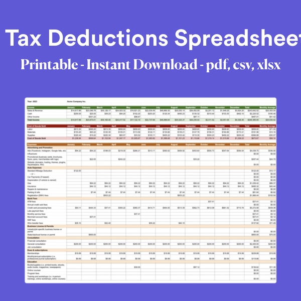 Small business Tax Deductions Spreadsheet and Cheatsheet - .csv,.xlsx, .pdf