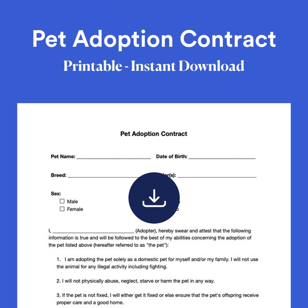 Pet Adoption Contract / Puppy Adoption / Cat / Dog Agreement / Pet Form - Editable PDF & DOCX files