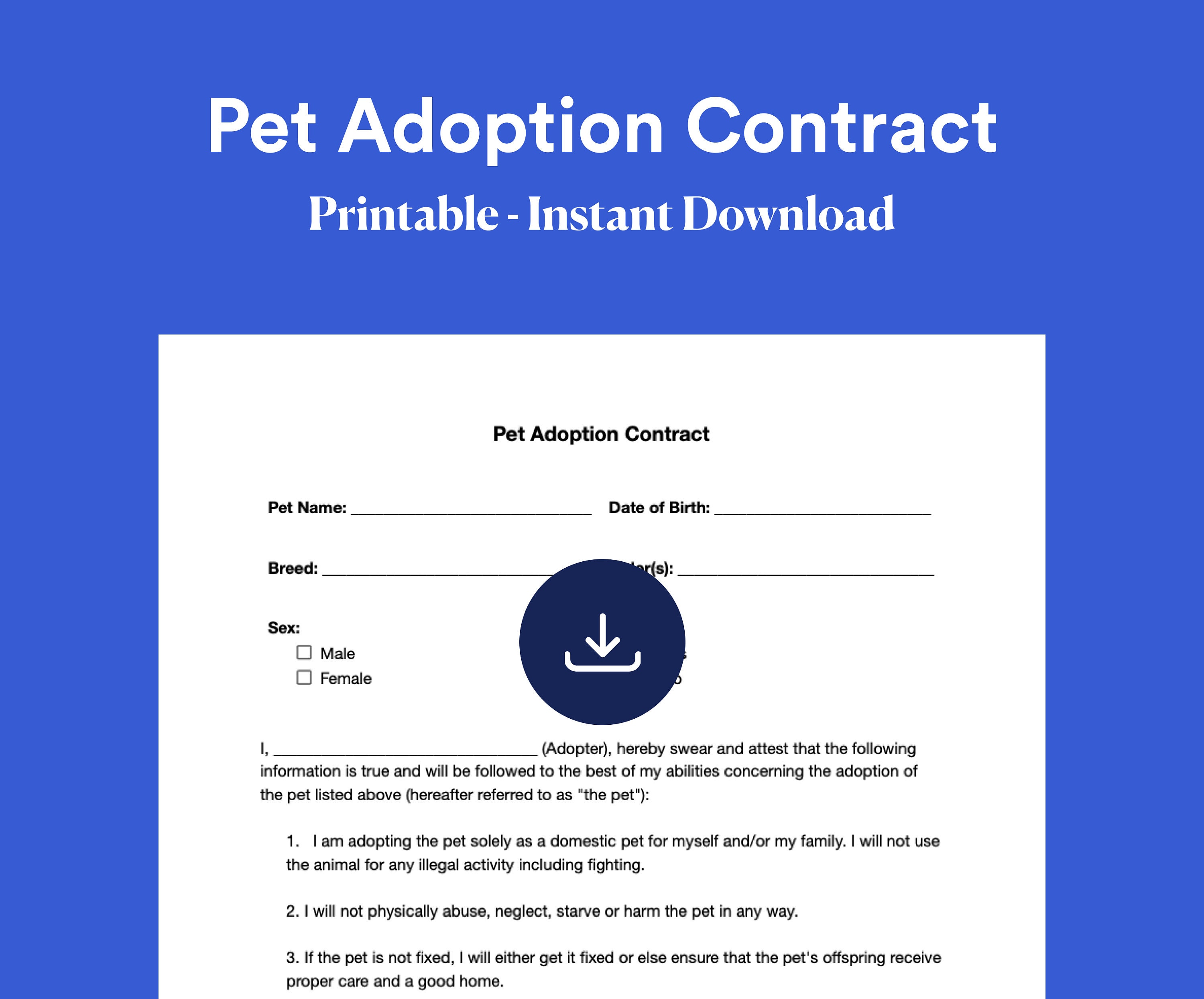 Pet Adoption Contract / Puppy Adoption / Cat / Dog Agreement / Pet Form
