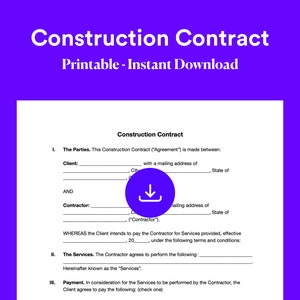 Construction Contract Form | Editable Instant Download | Agreement Template | Contract Template | PDF, docx