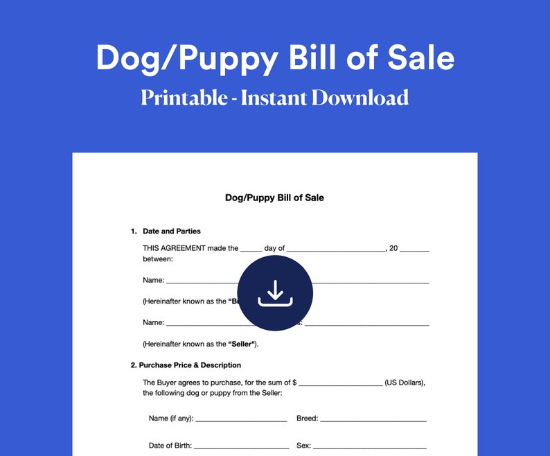 Dog/puppy Bill of Sale / Puppy Form / Pup Selling Agreement / Pet Bill