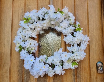 Artificial Spring White Apple Blossom Wreath - 55cm Faux Flowers Door Decoration