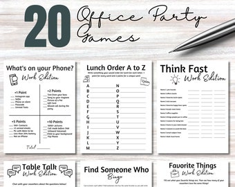 May include: A printable set of 20 office party games. The games include "What's on your Phone?", "Lunch Order A to Z", "Think Fast", "Table Talk", "Find Someone Who Bingo", and "Favorite Things".