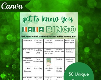 St. Patricks Find The Guest Human Bingo, Get to Know You Icebreaker Party Games, Workplace Bingo Office Party Game