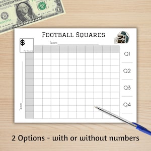 Printable Football Squares, Football Fundraiser, Superbowl Squares Betting Game, Football Square Grid