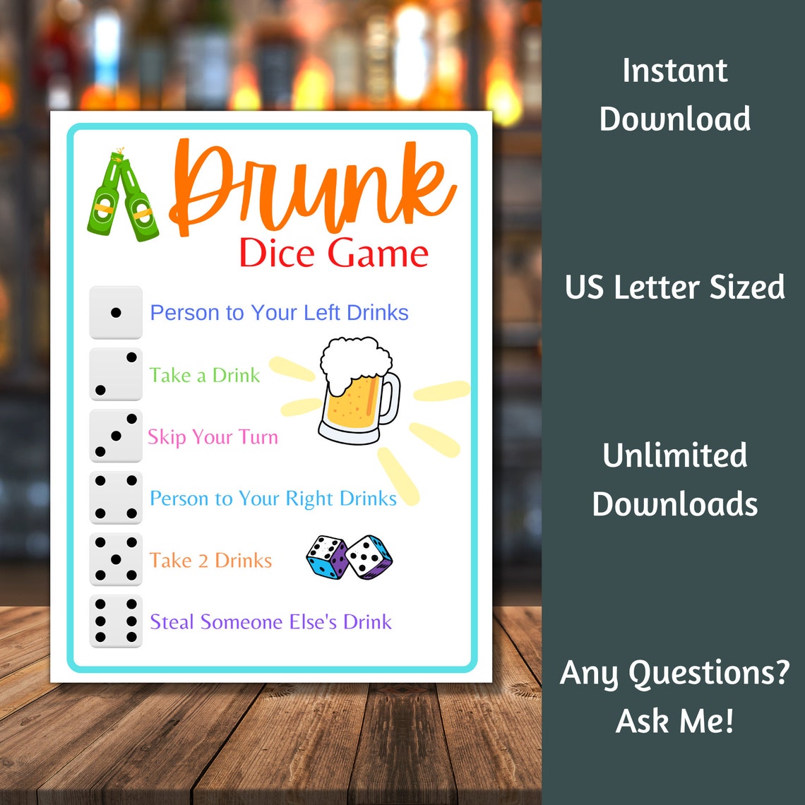 Drunk Dice Printable Games for Adults, Drinking Game, Adult Party Games