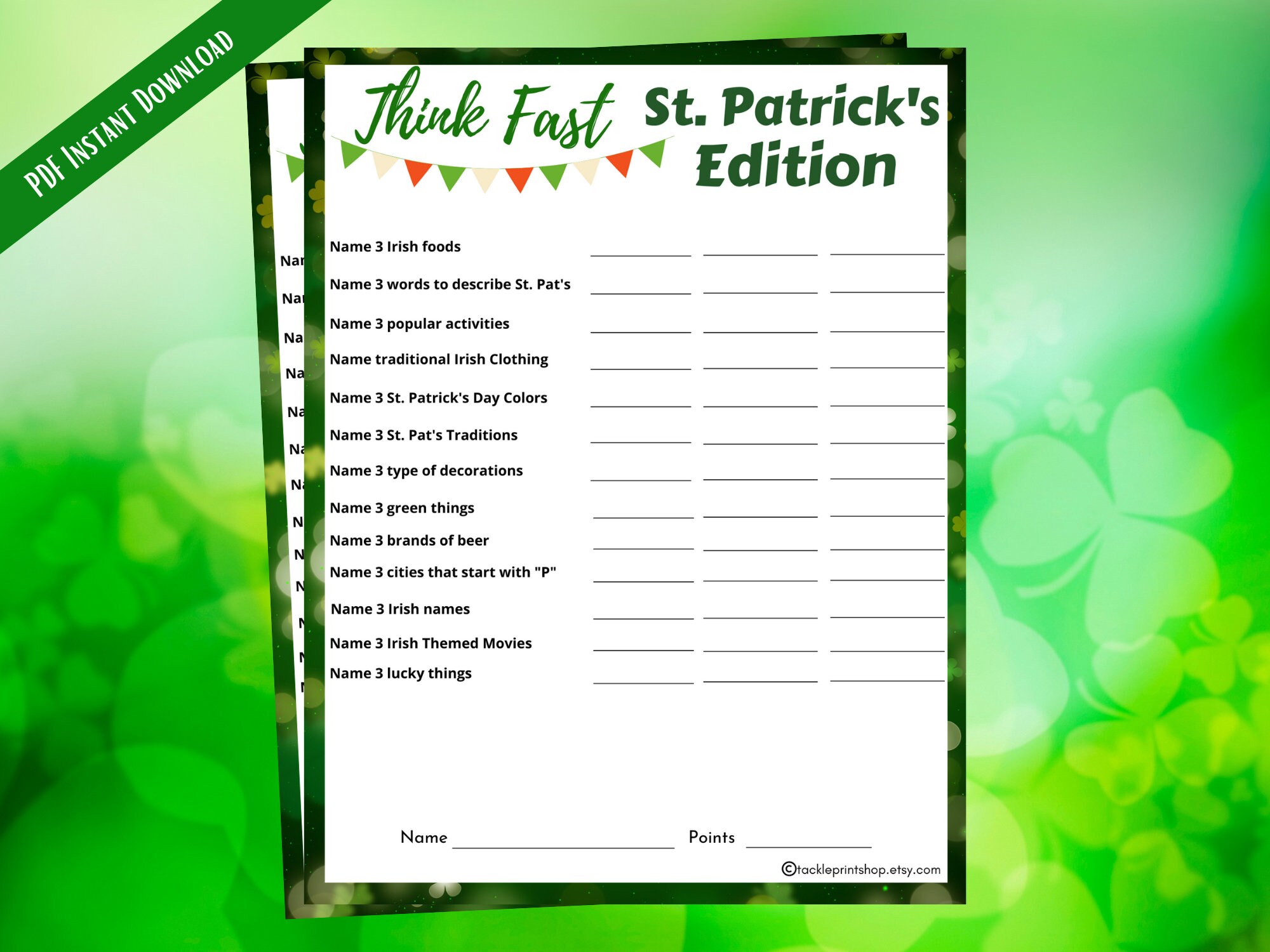 St. Patrick's Day Think Fast Large Group Printable Party - Etsy